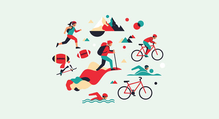 Obraz premium Diverse outdoor pursuits illustrated in stylized composition graphic design