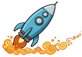 Pixelated Blue Rocket Illustration in Flight with Orange Smoke on Transparent Background