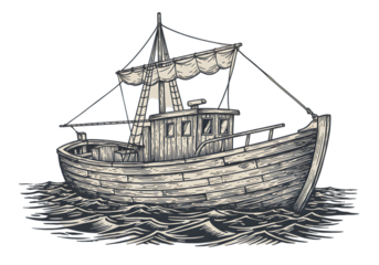 Pixelated Boat On Waves Illustration With White And Black Colors On Transparent Background
