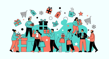 Obraz premium Festive shopping illustration with trendy flat vector people and gift boxes