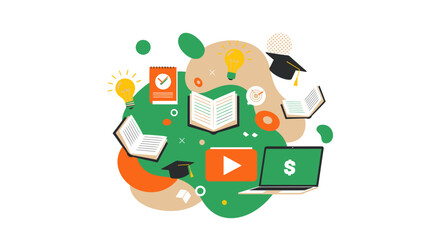 Conceptual graphic showing learning materials and money for education success