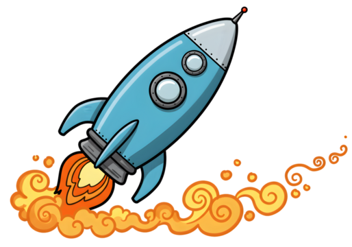 Pixelated Blue Rocket Illustration in Flight with Orange Smoke on Transparent Background - Powered by Adobe