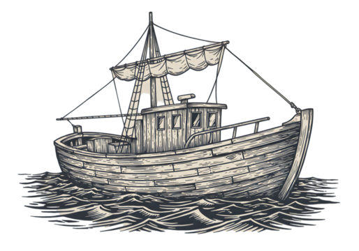 Pixelated Boat On Waves Illustration With White And Black Colors On Transparent Background
