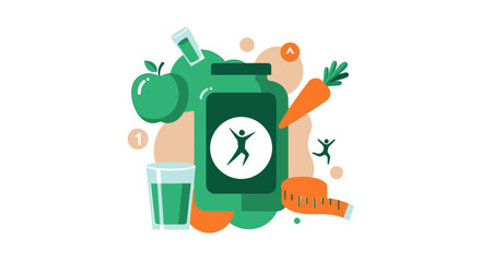 Vibrant healthy lifestyle promotion with fresh produce and fitness elements