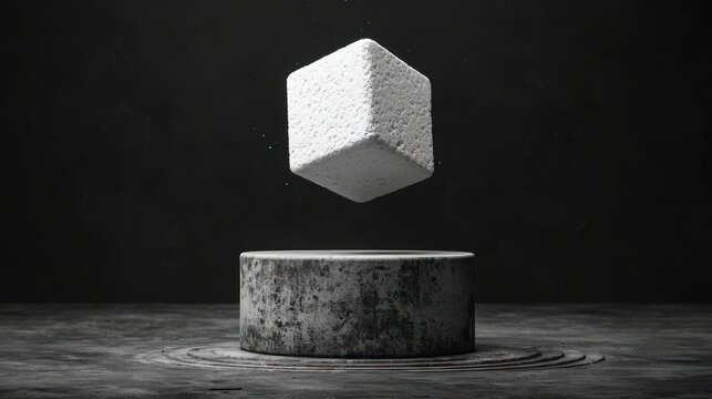White cube levitating on a dark pedestal - Powered by Adobe