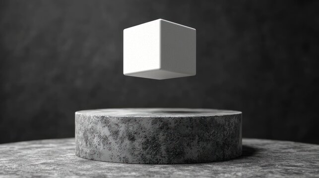 White cube levitating over textured gray pedestal
