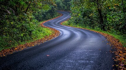 Winding road through a lush forest, leaves