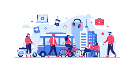 Obraz premium Modern city lifestyle illustration with people commuting and enjoying activities