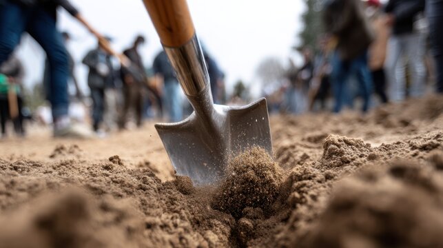 Focused closeup of a conservation volunteers tool digging soil medium shot blurred crowd behind emphasizing handson climate action.