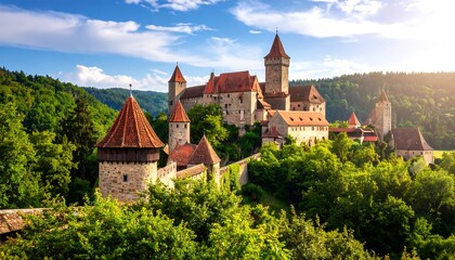 Picturesque medieval castle nestled in lush greenery