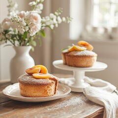 Cakes on the table in the kitchen, in the bright room. Delicious dessert.