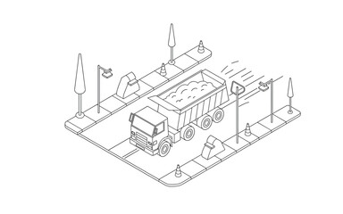 Isometric Line Art of a Dump Truck on a City Street, Construction Theme, Roadside Elements, Infrastructure Vector Illustration