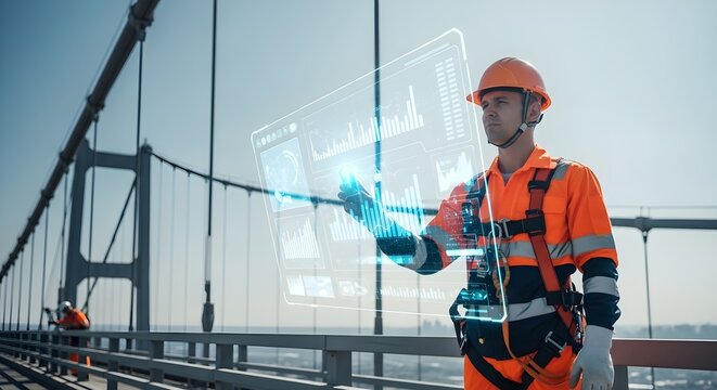 Civil engineer using an advanced augmented reality interface for infrastructure inspection and data analysis on a bridge