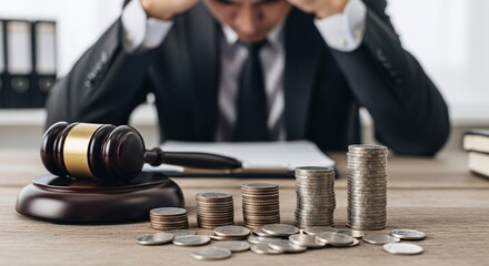 Economic Justice Decline Businessman's Financial Stress with Gavel and Stacked Coins
