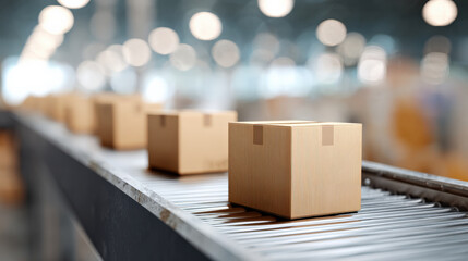 a conveyor belt with cardboard boxes in a busy warehouse.
