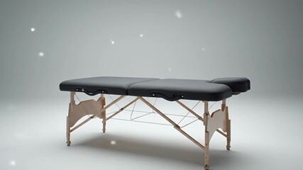 Close Up of an Elegant Black Massage Table with Wooden Legs in Brightly Lit Minimalist Studio Setup Featuring Subtle Dust Particles and Clean Composition Perfect for Decoration and Relaxation