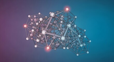 Abstract network of interconnected spheres, highlighted by glowing points, on a gradient background.