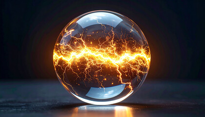 Glass sphere containing swirling abstract lightning storm, electric sparks and glowing energy.