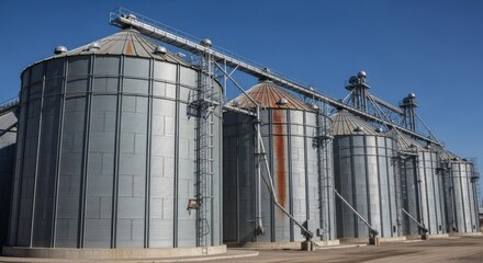 Obraz premium Medium angle shot of a row of cylindrical metal silos against a clear sky illustrating contemporary bulk grain storage solutions.