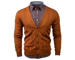 Cardigan winter outfit mannequin clipart clothing brown sweater button up long sleeve textured knit stylish fashion. cozy brown cardigan layered over patterned shirt mannequin perfect for winter