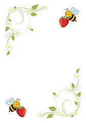 Cute honey bees and fresh strawberries adorn delicate floral swirls for a whimsical border design
