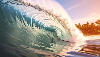 Massive Ocean Wave Crashing at Sunset in Paradise