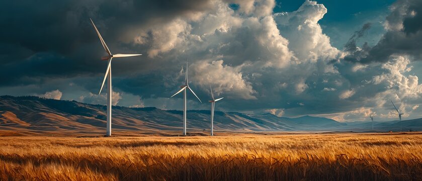 Wind turbines farm in golden field under cloudy sky renewable energy concept - Powered by Adobe