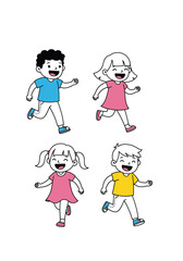 Four diverse children joyfully running together outdoors exploring nature and playing games