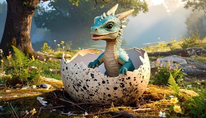 A baby dragon hatching from an egg in a grassy meadow
