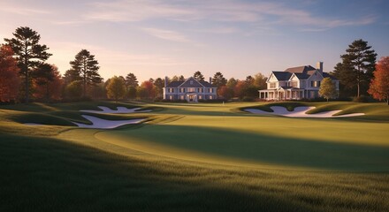 Fototapeta premium Autumnal Golf Course with Elegant Homes at Sunset