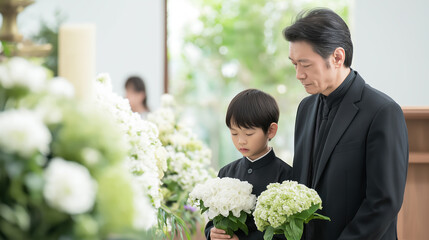 教会でのお葬式と白い花を持つ父と子。Generative AI