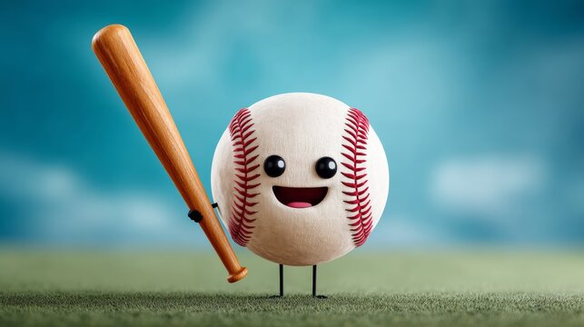 A cartoon baseball player holding a bat and a baseball. The baseball player is smiling and he is happy