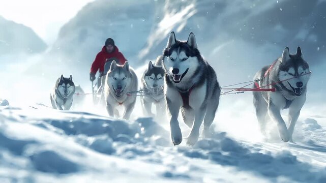 A vivid, highresolution digital artwork of a sled dog race in a snowy landscape. The main subject is a husky dog, captured in midstride as it runs through the snow.