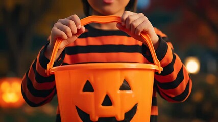 Excited child goes trick-or-treating with glowing jack-o'-lanterns, embracing the spooky Halloween fun with an orange bucket