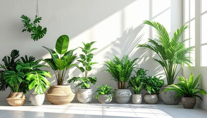 Fototapeta premium A collection of vibrant indoor plants in a sunlit room, showcasing modern decor and natural greenery for interior design.