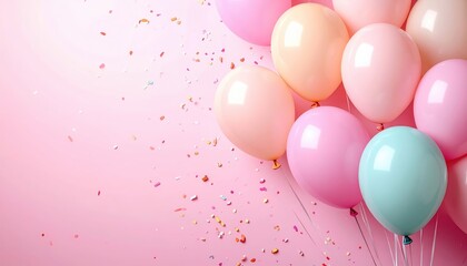 Vibrant balloons and confetti on a pink backdrop, perfect for festive occasions and party themes.