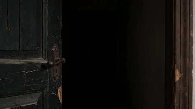Antique wooden door slowly creaking open into darkness, promising mystery and untold secrets behind it