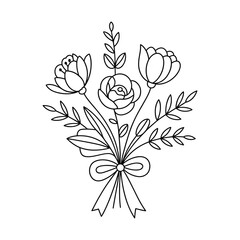 Elegant hand drawn sketch of a beautiful floral bouquet tied with a ribbon