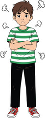 Cartoon boy looking angry with arms crossed, upset child illustration showing frustration, emotional expression, stressed mood, negative feelings, character design vector.