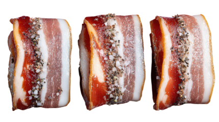 Three Slices of Seasoned Bacon on Black Background