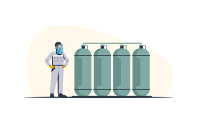 Vector Illustration: Chemical Plant Worker in Protective Gear Standing Next to a Row of Large Storage Tanks, Depicting Safety and Industrial Operations