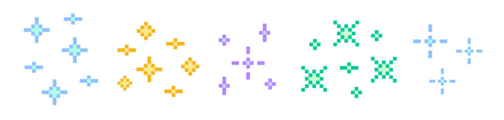 Pixel star colorful retro 8 bit sparkle set. Shiny game pixel art effect set. Glitter pixel art icon pack with sparkles © Nastya