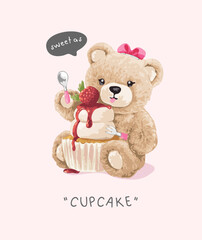 cute teddy bear doll with cupcake vector illustration - drawn by hand
