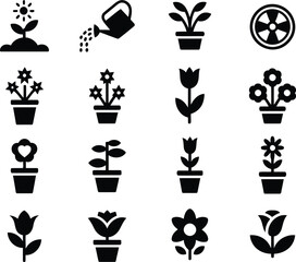 A Collection of Black and White Vector Icons Depicting Various Plants and Flowers in Different Stages of Growth and Arrangements
