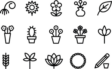 Collection of Botanical Line Art Featuring Flowers, Plants, and Vegetation, Including a Pencil and a Necklace in a Simple and Clean Style