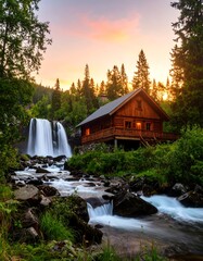 Picturesque mountain cabin at sunset by a waterfall