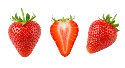 Fresh and juicy strawberries, whole and halved, perfect for healthy food promotions and summer recipes.