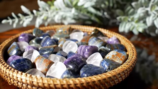 Detailed Display of Polished Tumbled Stones Including White Quartz Blue Sodalite Lilac Lepidolite and Assorted Mineral Specimens in a Round Woven Basket on Dark Wooden Surface
