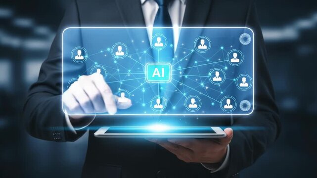 A businessman in a suit uses a tablet to interact with a digital network of people, symbolizing artificial intelligence and connectivity - Powered by Adobe