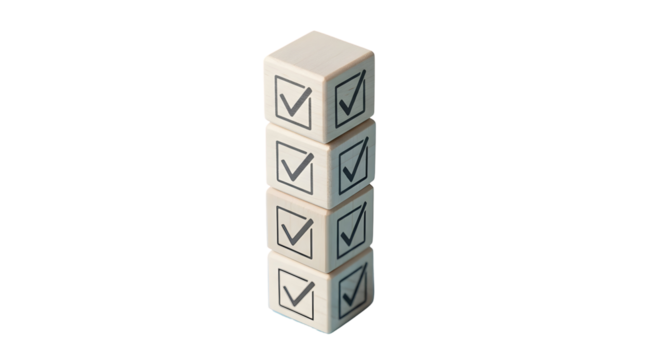 Approval checklist complete, stacked wooden blocks with checkmarks for tasks completed